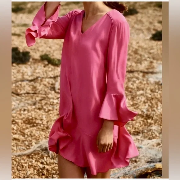 hd in paris pink dress HD in Paris Anthropologie Easel Floral Ruffle Flutter Maxi Dress Size 0 Pink